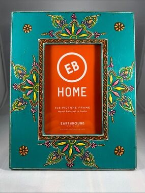 EARTHBOUND Turquoise Hand-Painted Floral Picture Frame 4” x 6” photo